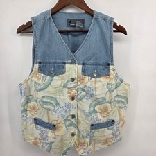 Vintage Floral Denim Vest Blue Cotton Mixed Media Large Cottagecore Modest Boho