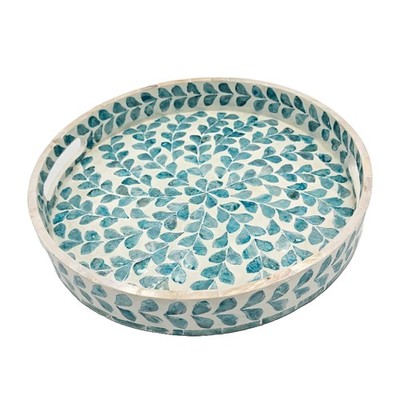 12.6 Inch Mother Of Pearl Round Serving Tray Handles Teal Floral Wooden Ottoman