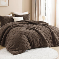 King Size Fluffy Sherpa Comforter Set, 3 Pieces, Brown Fuzzy Bedding