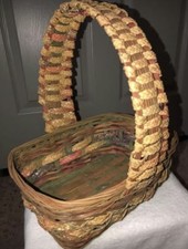 Vintage Handwoven Wicker Basket w Thick Braided Handle  Colorful Reeds