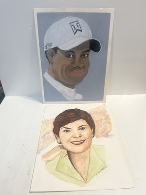 - Original Painting Hand Drawn Lot Of 2 Barbara Bush And Tiger Woods 