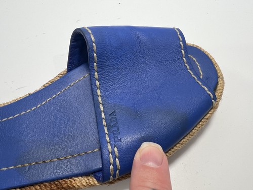 Prada Schuhe Damen Größe 38,5 Blau Leder Espadrille Sandalen Made Italy Fleckig - Bild 14 von 15