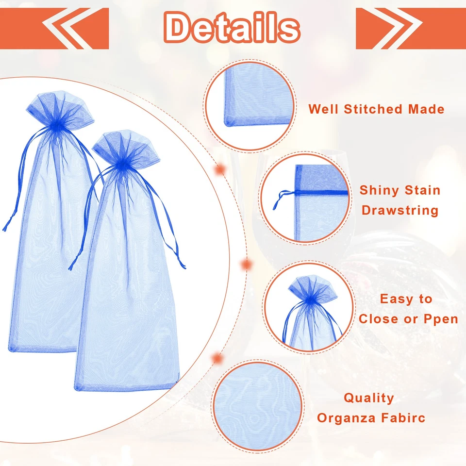 Bolsas de vino de organza de 14 x 5 pulgadas 20 piezas bolsas envolventes de regalo para regalos de boda azules Foto 3 de 4