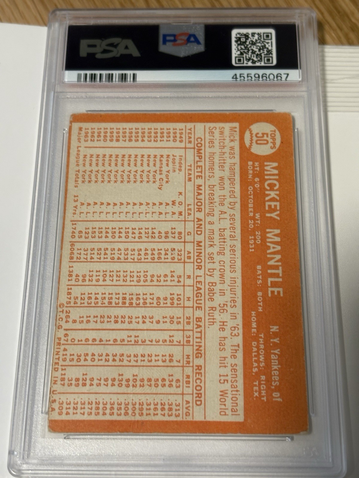 1964 Topps - Mickey Mantle  Baseball Card #50 PR, PSA graded view 7