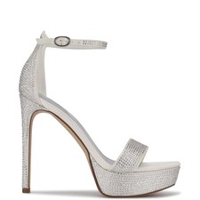 NINE WEST - GOOUT, White satin, rhinestones, 5.5" heel platform sandals, SZ 9