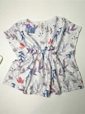Disney White Eyelet Top with Purple, Blue & Coral Floral Accents Kaftan sleeves