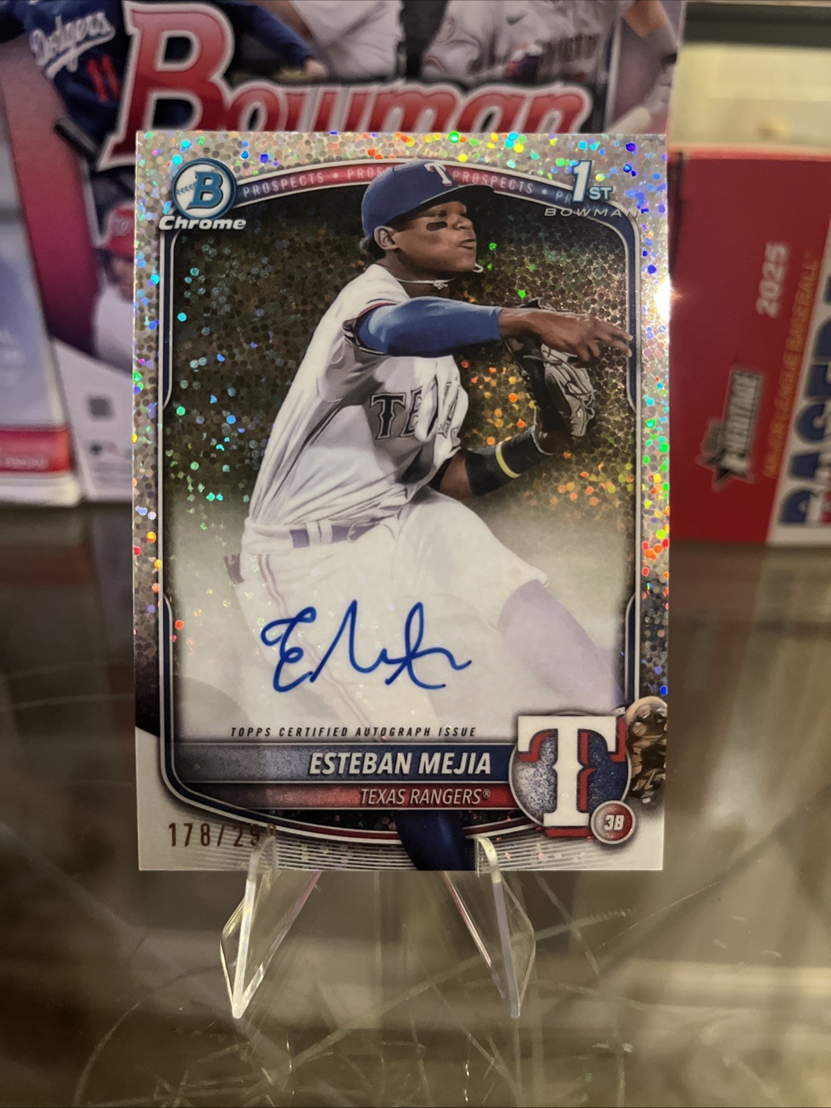 2025 Bowman Esteban Mejia 1st Chrome Speckle Auto /299 #CPA-EM Texas Rangers