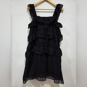 Gacaky Lace Trim Mini Ruffle Flowy Black Babydoll Dress Romper Built-in-shorts