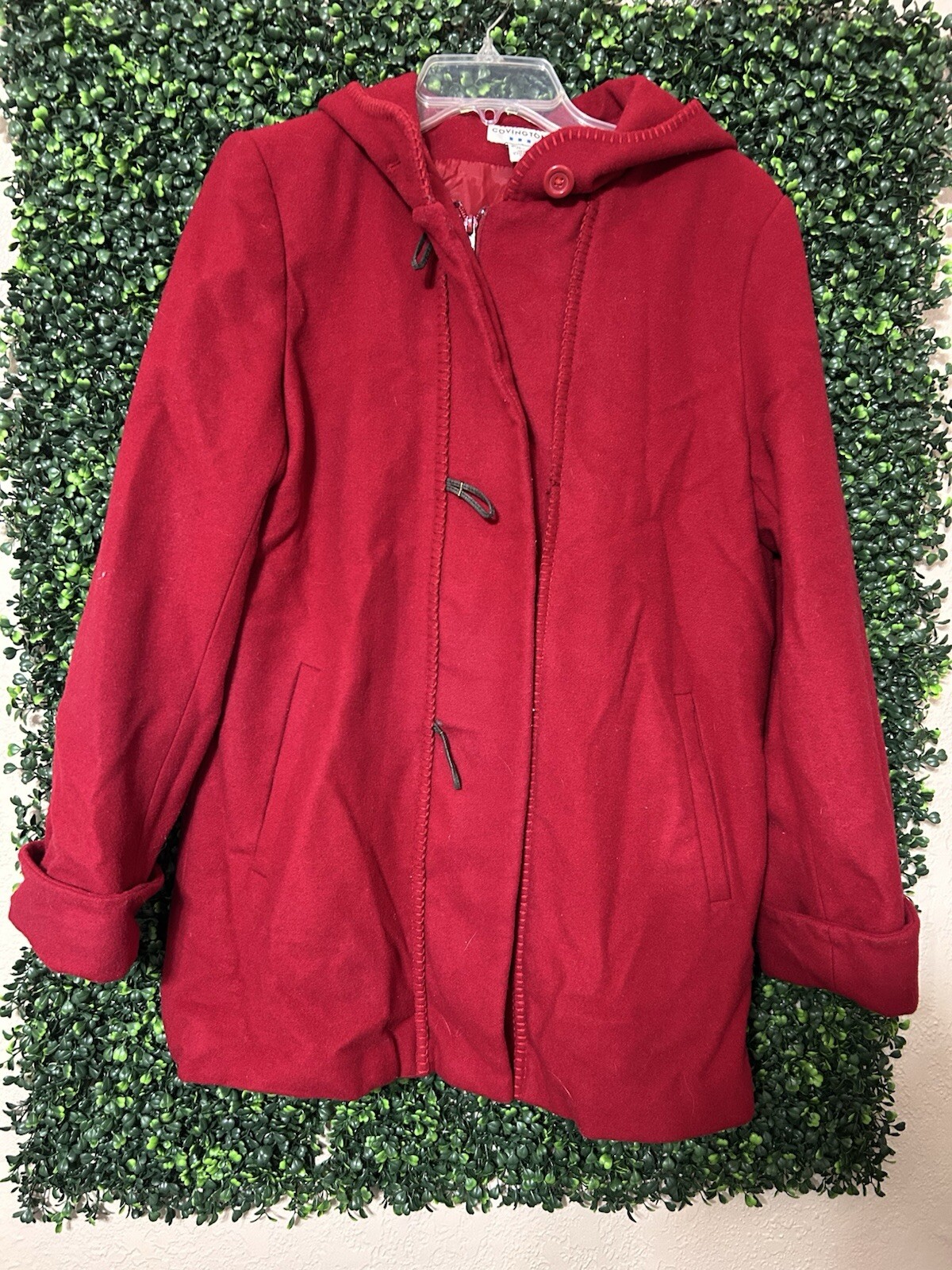 Vtg Covington Heavy Warm 100% Wool Hooded Coat Jacket Sz 8 Velvet Red Zip Up Y2K