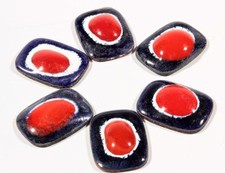 6 vintage Czech red white blue enamel glass over metal mosaic cabochons 21mm