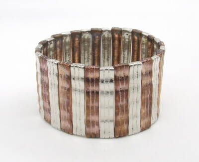 Narrow Wavy Silver-T/Copper-T Metal Grooved Bands Stretch Bracelet 1 5/16'' Wide