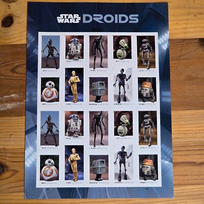 STAR WARS DROIDS 20 FOREVER STAMPS SHEET MNH R2-D2, C-3PO, BB-8 & MORE USPS 2021