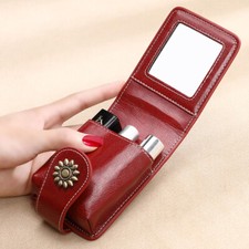 Women Real Leather Mini Make Up Case Bag Mirror Button Portable Lipstick Cover