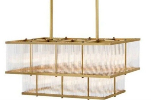 RARE ANTIQUE RECTANGULAR SHAPE TWO TIER SKYSCRAPER BRASS & GLASS ROD CHANDELIER - Picture 3 of 3