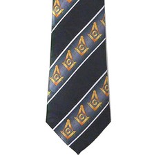 Masonic Neck Tie Black Gold Compass Square. Polyester White lines Freemasons