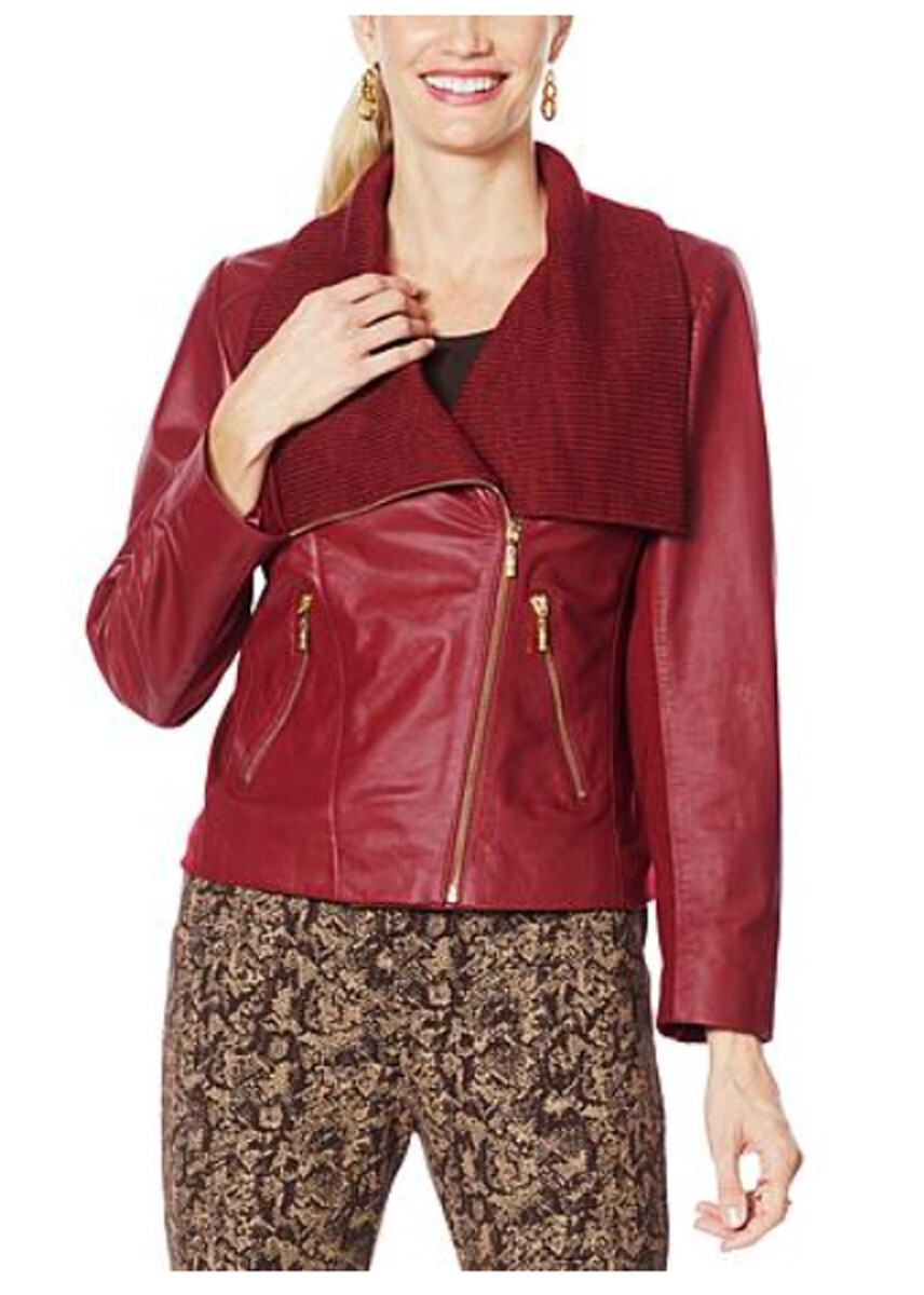 IMAN Leather Jacket Genuine Soft Lamb Leather Moto Coat ~Cranberry