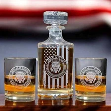 Trump 45/47 Presidential Seal Whiskey Decanter Set 3pc or Glasses Hand Engraved