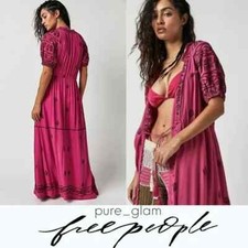 Free People Riley Embroidered Boho Relax Midi Dress, Pink, Medium, RRP $188