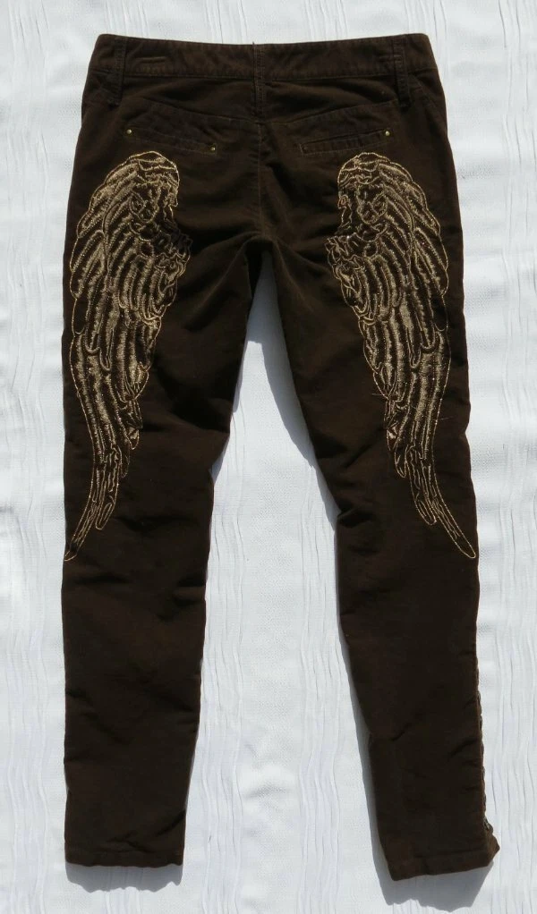Women s Brown Brushed Cotton Embroidered Angel Wings Button Skinny