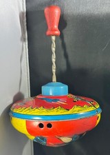 Vtg. Ohio Art Tin Litho Space Top 1960s Astronaut Rocket Wooden Handle See Video