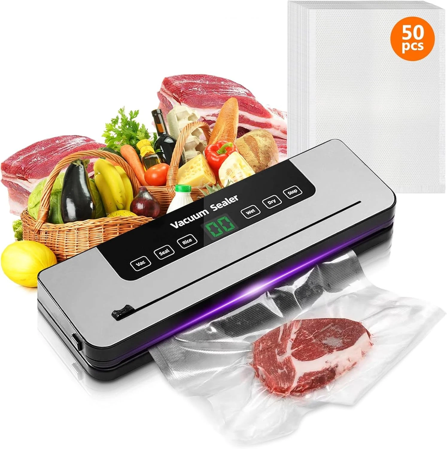 Vacuum Sealer Machine with 50 Bags, 6 in 1 Food Sealer with Intelligent