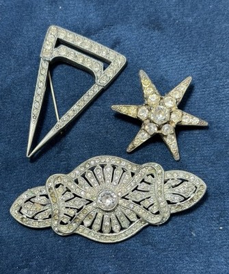 Vintage Ornate Art Deco Rhinestone Brooch Lot  3 PCS Silver Tone Geometric Read