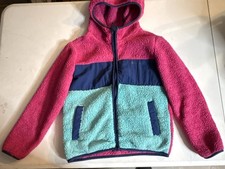 Eddie Bauer Kids Pink Teal and Navy Sherpa Fleece Hooded Jacket Size S 7/8