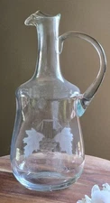 Vintage Clear Glass Wine Liquor Decanter With Glass Etched Grape Vines 
