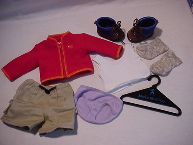 DOLL 18" American Girl HIKING OUTFIT Boots/Shorts/Tee/Panty/Socks/Red Jacket