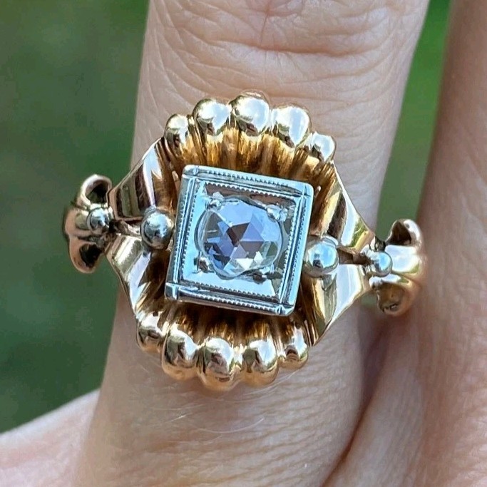 Vintage Yellow and White Gold old mine cut diamond ring cocktail or engagement