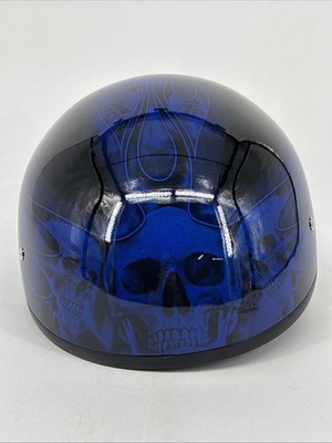 blue skull motorcycle helmet Daytona Biker Helmet D.O.T. Approved 1/2 Shell, Skull Flames Blue - Extra  Large