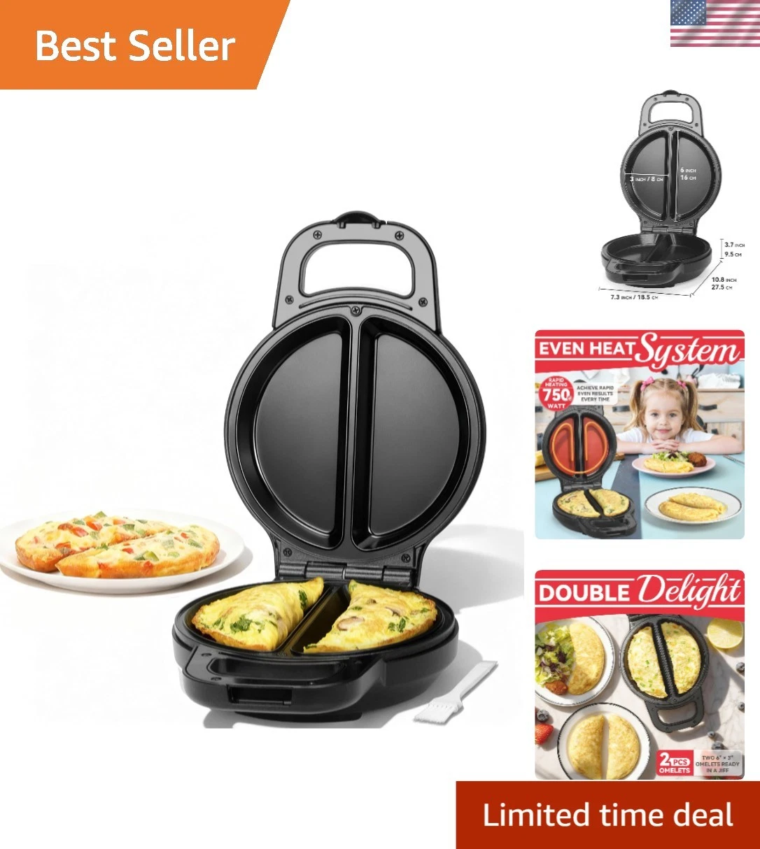 Flip Omelette Maker Electric, Omelette Pan Nonstick for 2 Individual 6.5" Ome...