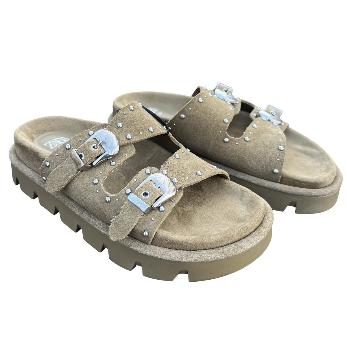 Zara Women’s Suede Leather Slip On Flat Sandal Studded Brown Size US EUR  39