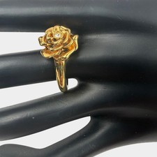 Gold Tone Rose Flower Ring Clear Crystal Center Size 7.5 Floral Statement