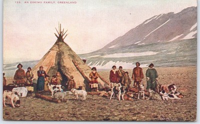 Vintage Postcard of Eskimo Family Greenland with Traditional Tent & Dogs