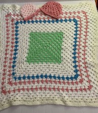 Hand Crocheted Girls Baby Blanket W/ 2 Matching Pink Hats