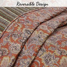 NEW COZY CHIC COTTAGE BROWN COPPER GREY BLUE YELLOW SCROLL LEAF SOFT QUILT SET