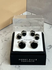 Perry Ellis Portfolio Mens Black Baroque Silver Studs & Cufflinks Set new in box