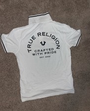 True Religion Men's White Black Polo Shirt M Short Sleeve Logo Collared Button