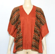 NWT VOY Faux Suede Orange Multicolor Women's Poncho Top Oversized V Neck Size S