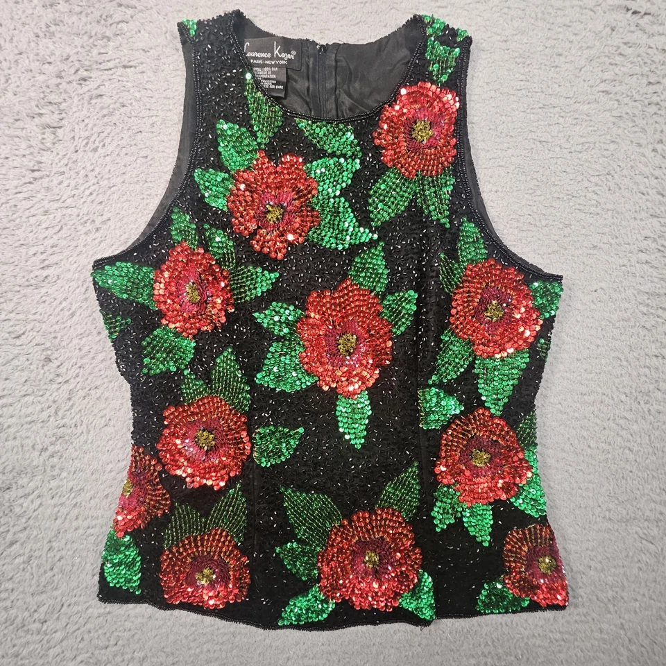 Винтажный женский праздничный топ Laurence Kazar L с бисером пуансеттия праздничное Рождество - Изображение 2 из 4