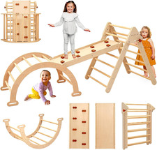 Foldable Pikler Triangle Climbing Set for Kids, 7 in 1 Montessori Large Wooden C