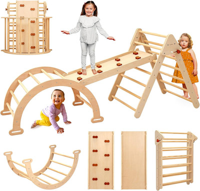 Foldable Pikler Triangle Climbing Set for Kids, 7 in 1 Montessori Large Wooden C
