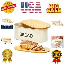 Image of Metal Bread Box with Bamboo Lid, Stainless Steel Large Bread Bin Storage Cont...