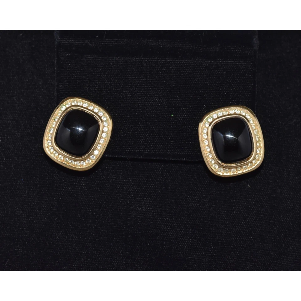 Pendientes de clip CHRISTIAN DIOR de diamantes de imitación y cabujón negro años 80 Foto 3 de 4