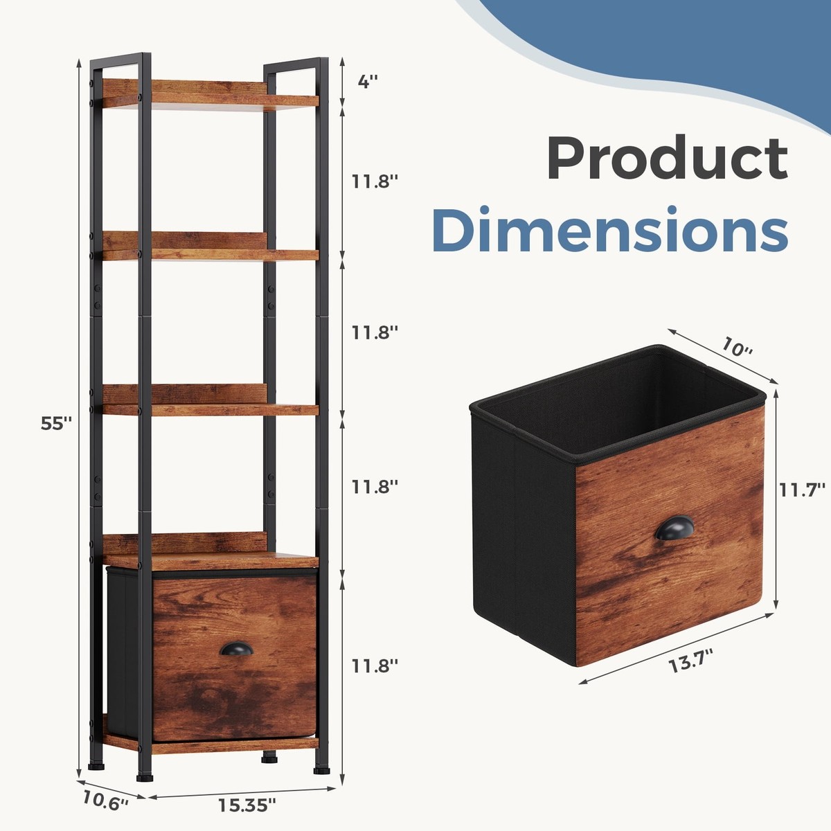 5 Tier Bookshelf W/ Drawer Tall Narrow Bookcase Storage Organizer