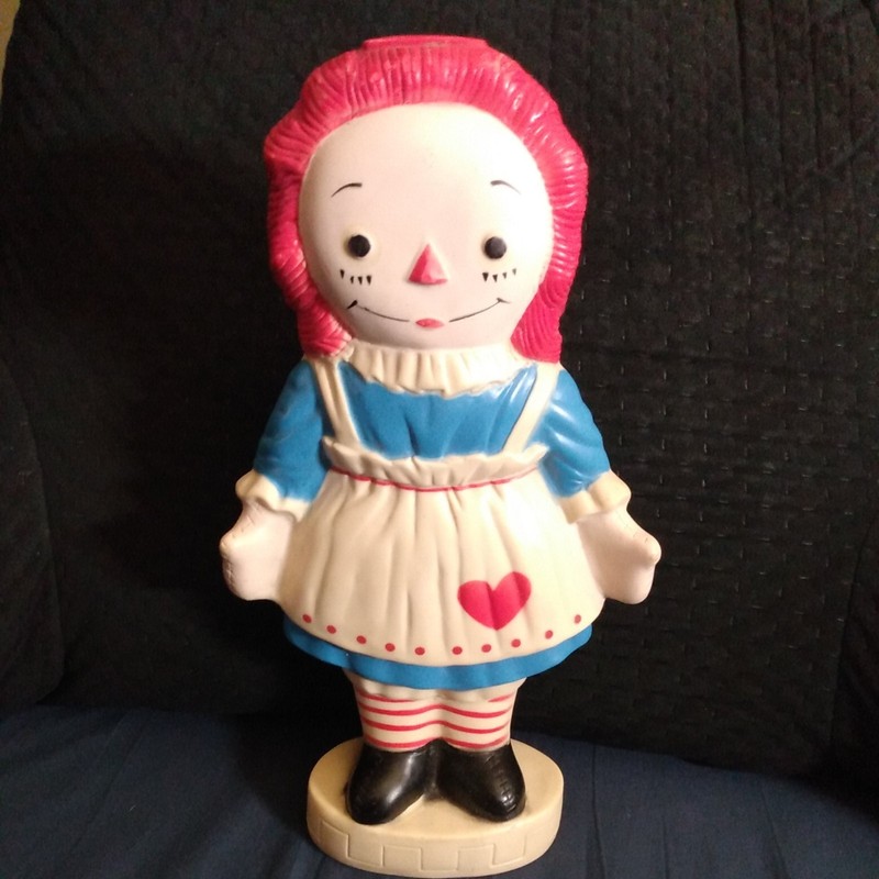 Vintage Raggedy Ann Plastic Bank 12” Tall Bobbs Merrill WorldShip Myrtle Gruelle