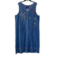 VTG Denim Embroidered Birdhouse Dress Sleeveless Button Front Drawstring waist
