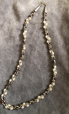 Necklace liquid silver Multi Strand White&Chocolate Pearls Marked SterlingL:42cm