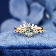 Delicado Juego de Novia Hexágono Natural Musgo Ágata Único Chapado en Oro Amarillo 14K Rin